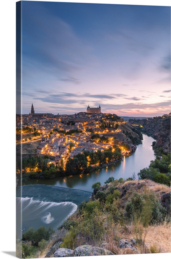 Spain, Castile...La Mancha, Toledo. City and river Tagus at sunrise, high angle view