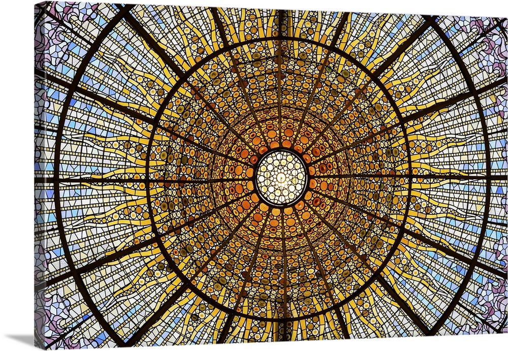 Spain, Catalonia, Barcelona, Palau de la Musica, Modernist glass ceiling.