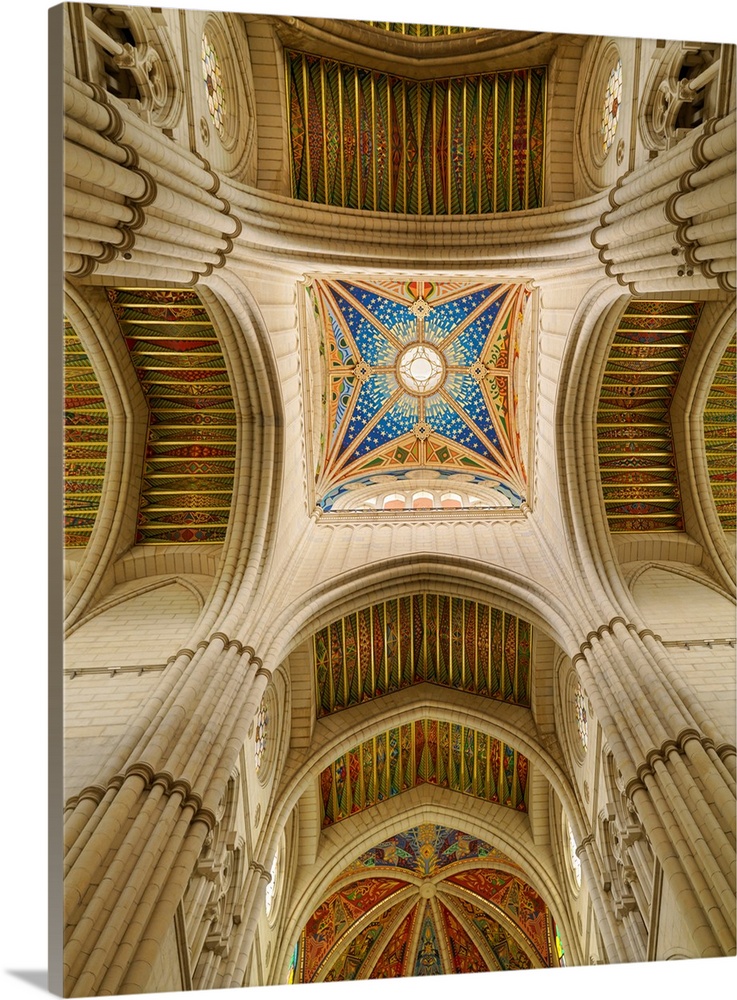 Spain, Madrid, Almundena cathedral, view of ceiling.