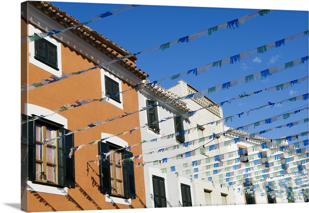 Spain, Menorca. Bunting over a street in Es Mercadal.