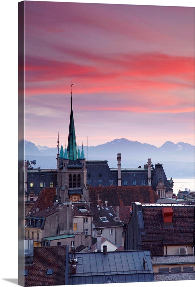 St Francois Church and city skyline at dusk, Lausanne, Vaud, Switzerland