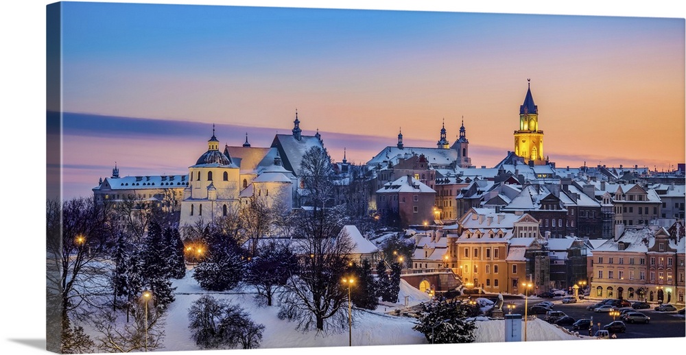 Old Town Skyline featuring Dominican Priory, St John the Baptist Cathedral and Trinitarian Tower at dusk, winter, Lublin, ...