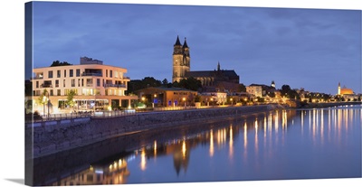 St Mauritius and St Katharina Cathedral and River Elbe at dusk, Magdeburg, Germany