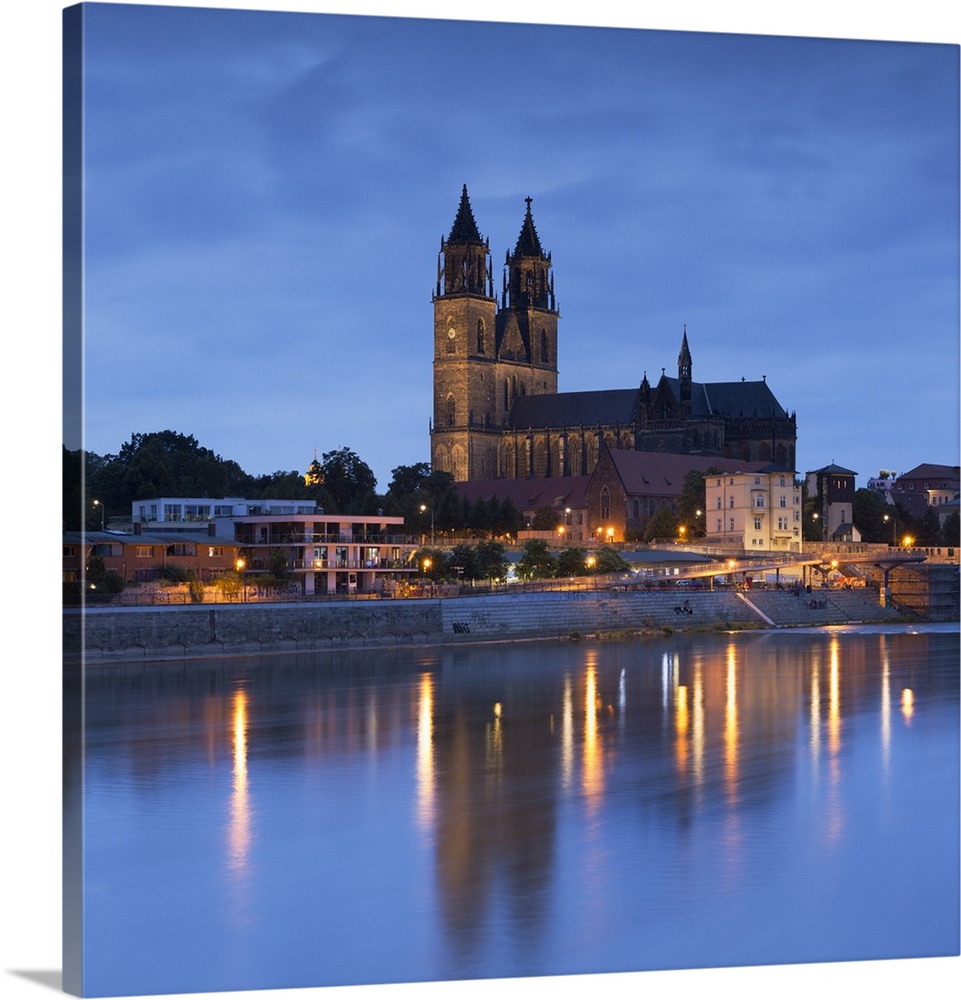 St Mauritius and St Katharina Cathedral and River Elbe at dusk, Magdeburg, Saxony-Anhalt, Germany.