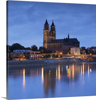 St Mauritius and St Katharina Cathedral and River Elbe at dusk, Magdeburg, Germany