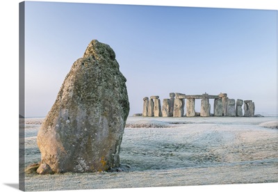 Stonehenge And The Heel Stone At Dawn On A Frosty Winter Morning, Wiltshire, England