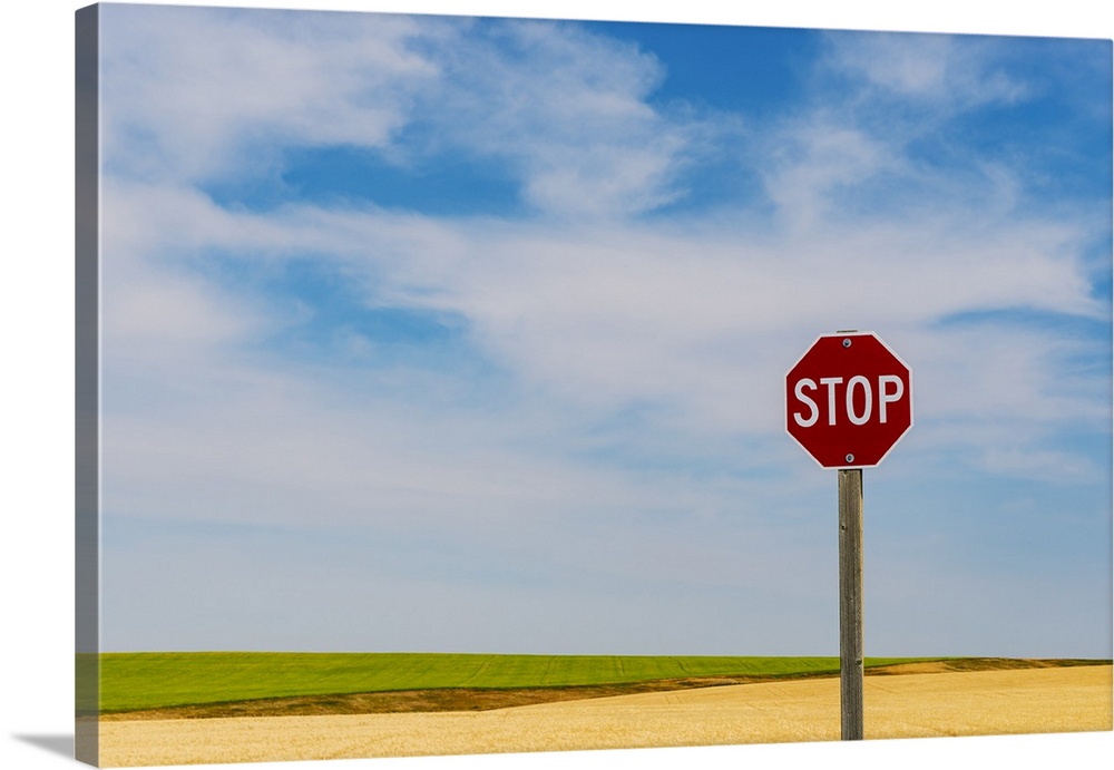 Stop Sign And Prairie Mossleigh, Alberta, Canada