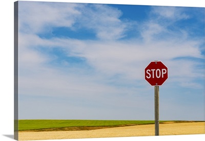 Stop Sign And Prairie Mossleigh, Alberta, Canada