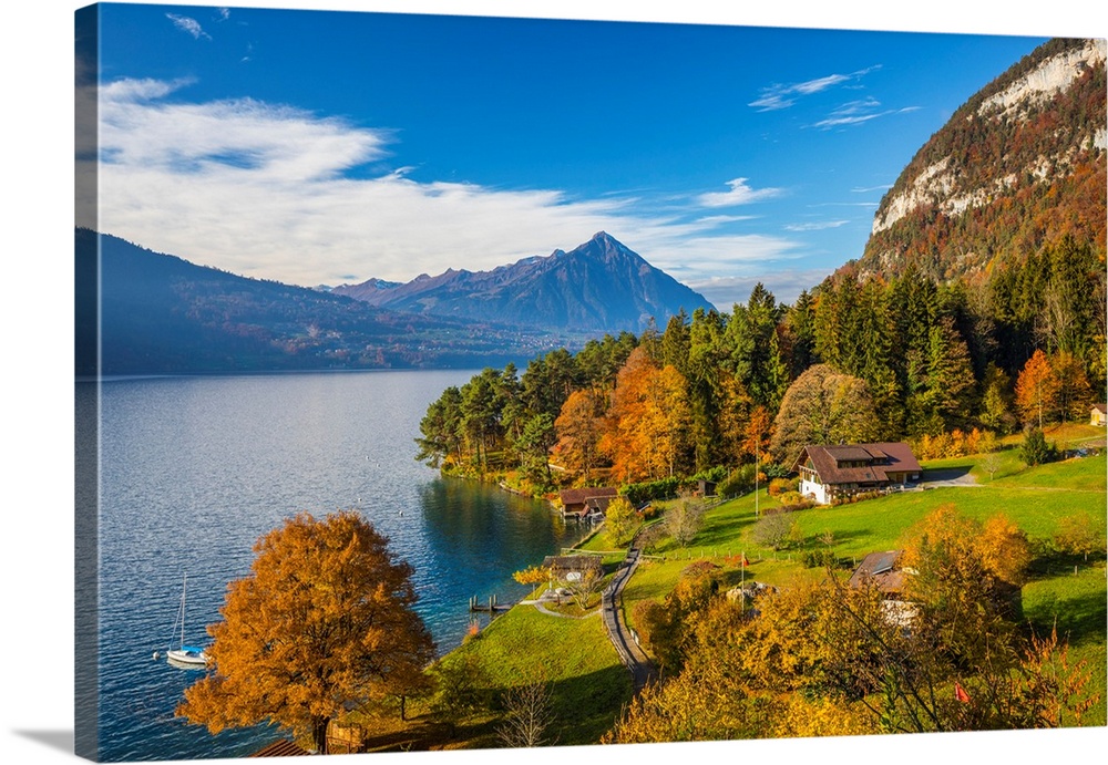 Sundlauenen with Niesen mountain and Lake Thun, Berner Oberland, Switzerland.