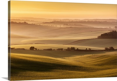 Sunrise Over Farmland In The Piddle Valley Towards Piddlehinton, Dorset, England, UK