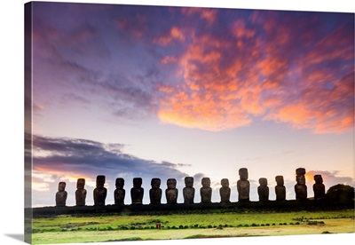 Sunrise Over Moai At Tongariki, Easter Island, Polynesia, Chile