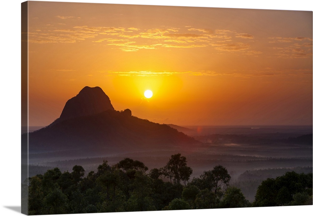 Sunrise over Mount Tibrogargan. Glass House Mountains National Park, South East Queensland, Queensland, Australia