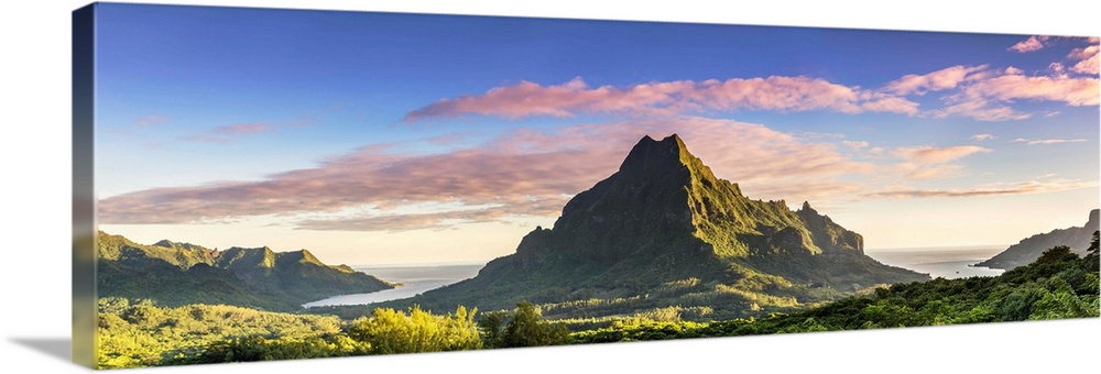Sunrise over Mt Rotui, Opunohu bay and Cook's bay, Moorea, French Polynesia.