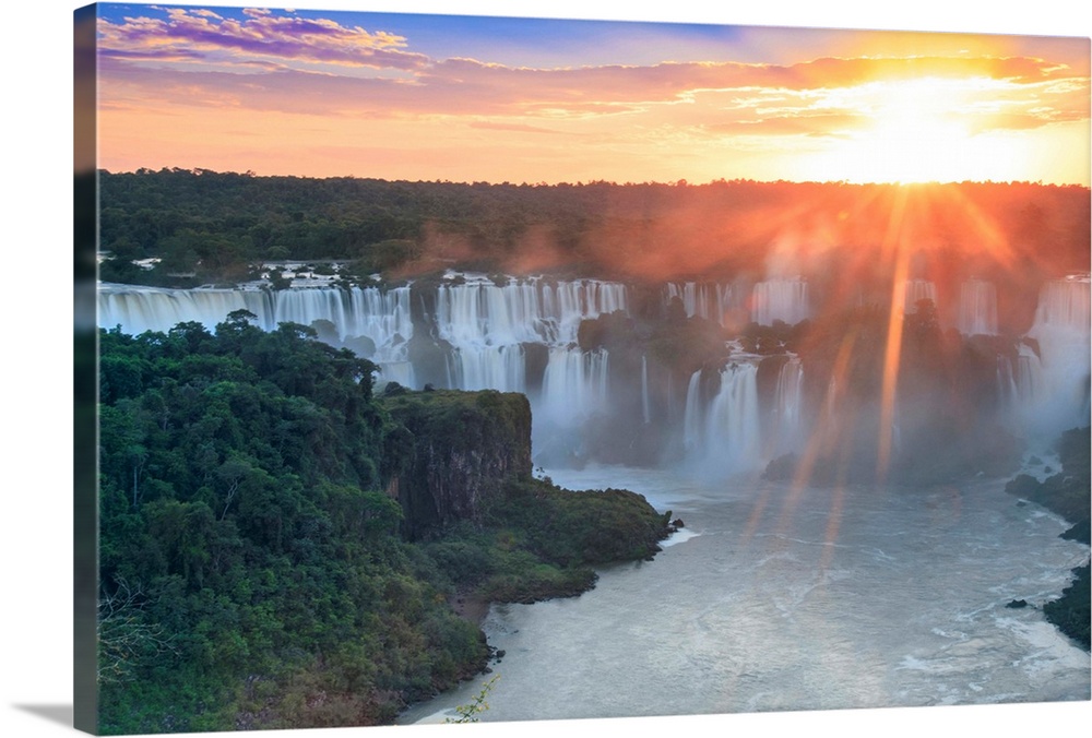 Brazil, Parana State, Sunrise Over The Iguacu Or Iguazu Falls As Photographed From The Brazilian Side Of The Waterfalls