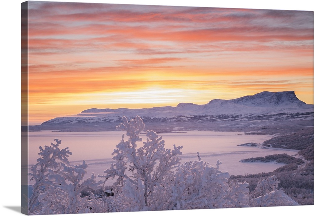 Sunrise with burning sky, Abisko, Kiruna, Sweden, Europe