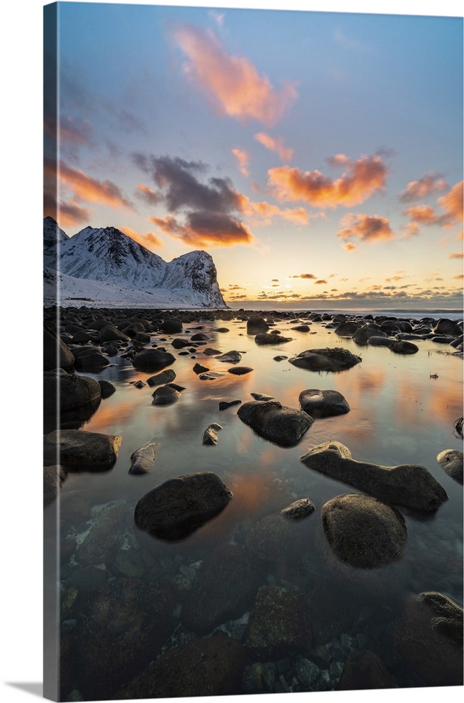 Sunset at Unstad Beach in winter. Vestvagoy municipality, Nordland county, Northern Norway, Norway.