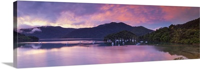 Sunset illuminates the picturesque Ngakuta Bay, Queen Charlotte Sound, New Zealand