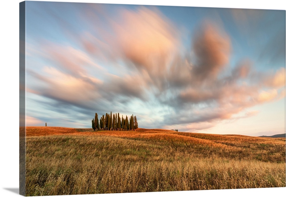 A long exposure to capture the sunset near the iconic Cypresses of San Quirico d'Orcia, Siena province, Tuscany, Italy