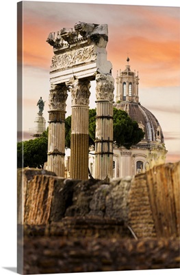 Sunset Over An Old Dome Of A Church And Imperial Forums, Rome, Italy