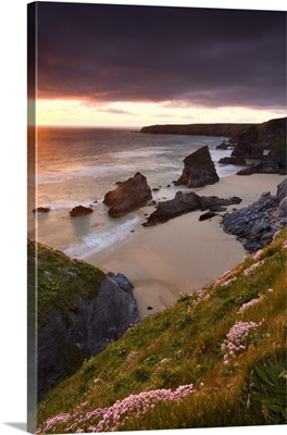 Sunset over Bedruthan Steps, North Cornwall, England