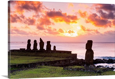 Sunset Over Moai At Tahai, Easter Island, Polynesia, Chile