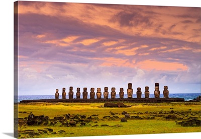 Sunset Over Moai At Tongariki, Easter Island, Polynesia, Chile
