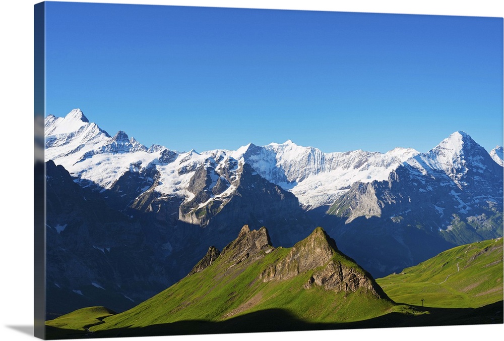 Europe, Switzerland, Swiss Alps Jungfrau-Aletsch UNESCO World Heritage site, Finsteraarhorn 4274m and Eiger mountains abov...