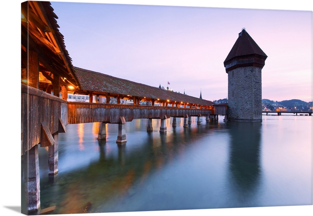 Europe, Switzerland, Lucerne. Bridge at dusk.