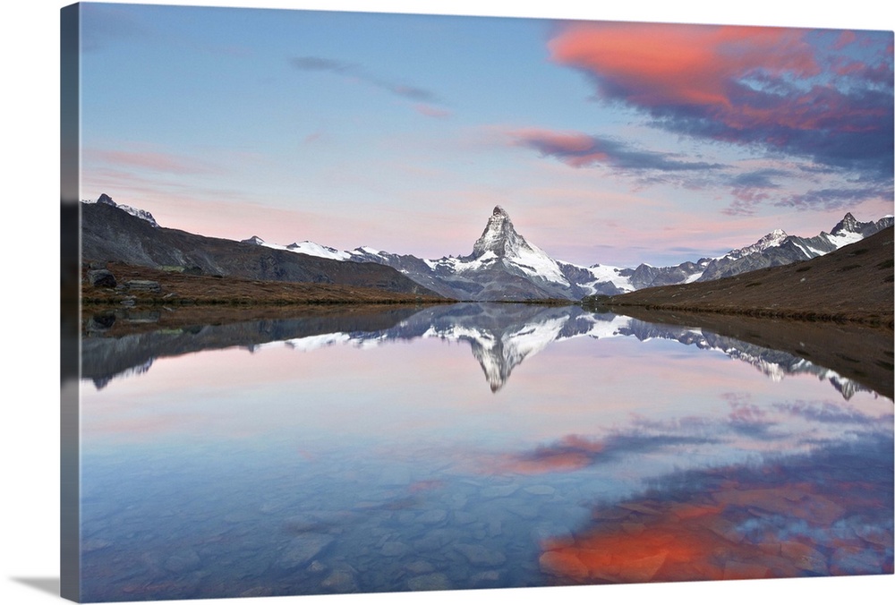 Switzerland, Valais, Matterhorn, Beautiful Morning Light and reflection at Stellisee Lake