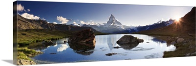 Switzerland, Valais, Zermatt, Lake Stelli and Matterhorn Peak