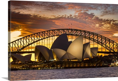 Sydney Opera House And Sydney Harbour Bridge At Dusk, Sydney, New South Wales, Australia