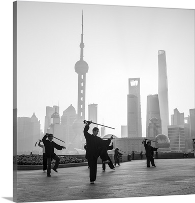 Tai Chi on The Bund (with Pudong skyline behind), Shanghai, China