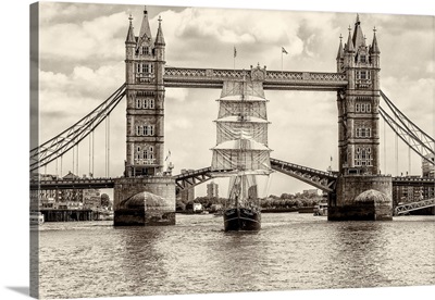 Tall Ship Thalassa Passing Through The Tower Bridge, London, England