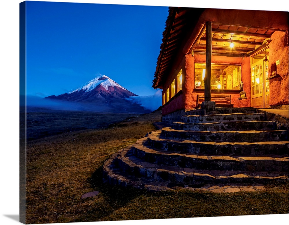 Tambopaxi Mountain Shelter and Cotopaxi Volcano at twilight, Cotopaxi National Park, Cotopaxi Province, Ecuador.