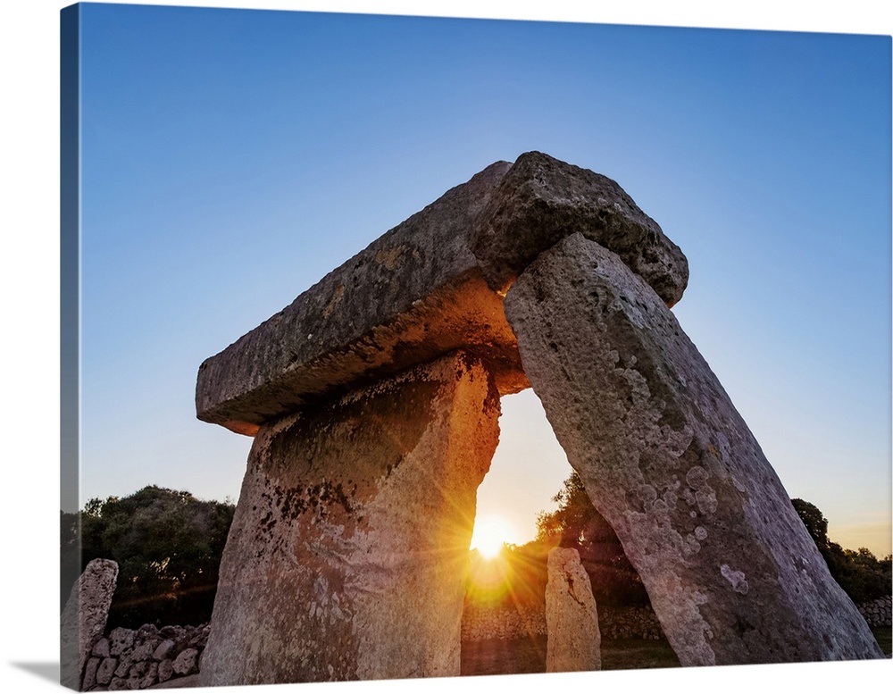 Taula at sunset, Talati de Dalt archaeological site, Menorca or Minorca, Balearic Islands, Spain.