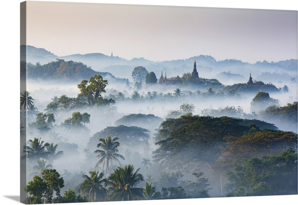 Temple in the mist at dawn, Mrauk U, Burma, Myanmar.