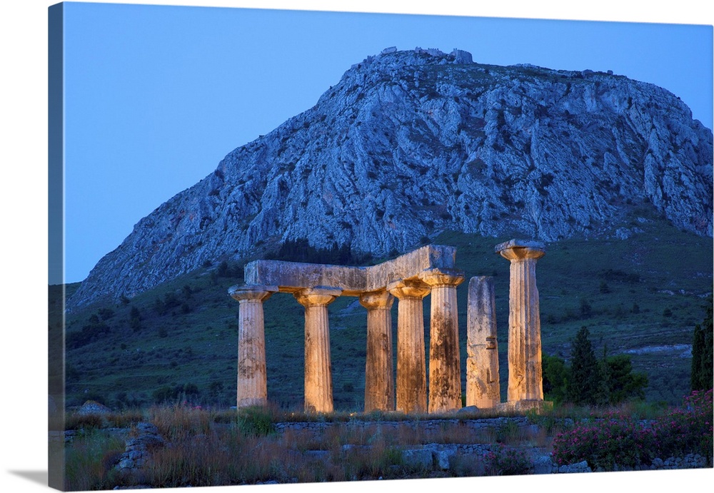Temple of Apollo at Dusk, Ancient Corinth, The Peloponnese, Greece, Southern Europe.