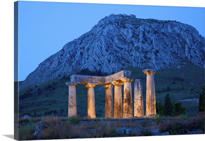 Temple Of Apollo At Dusk, Ancient Corinth, The Peloponnese, Greece, Southern Europe