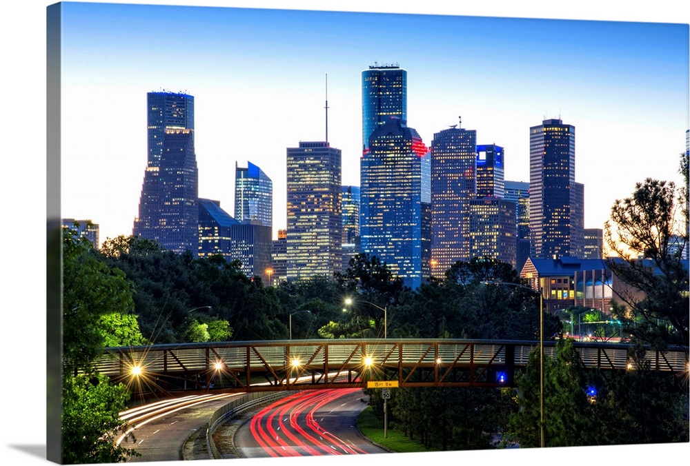 Texas, Houston, Rosemont Pedestrian Bridge, Buffalo Bayou Park, Skyline, Dawn, Memorial Drive Traffic