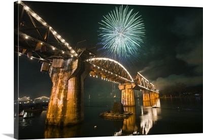 Thailand, Fireworks over Death Railway Bridge during River Kwai Bridge Week festival