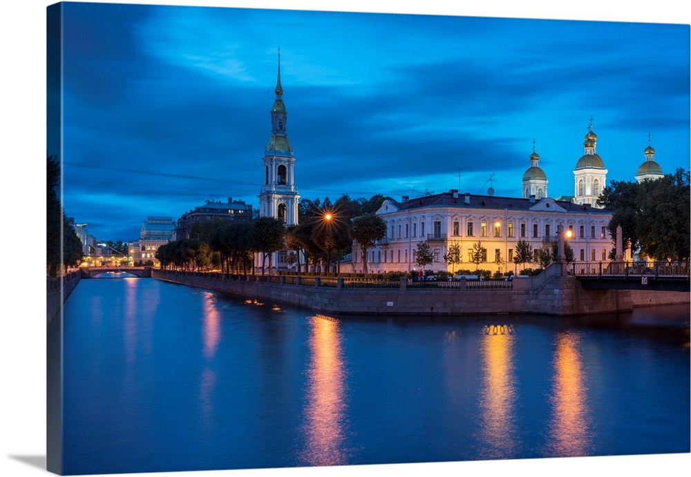The Bell Tower And Domes Of Saint Nicholas Naval Cathedral On Griboyedov Canal At Dusk, Saint Petersburg, Russia.