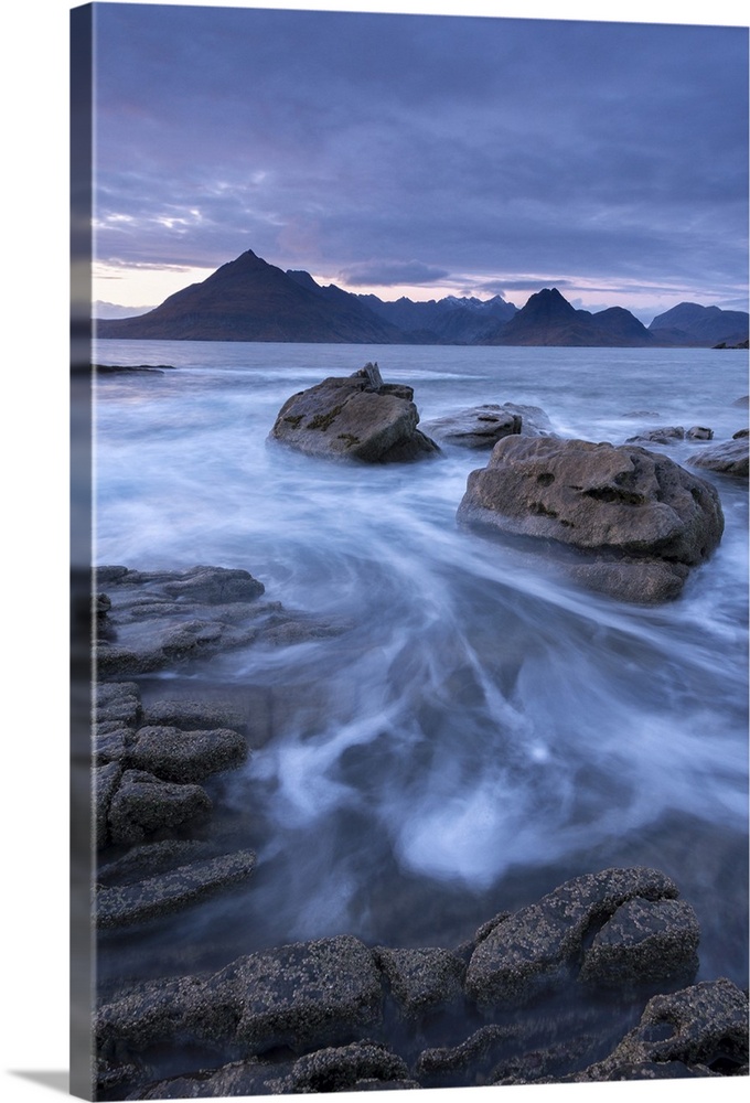 The Black Cuillin mountains from the rocky shores of Elgol, Isle of Skye, Scotland. Winter (December)