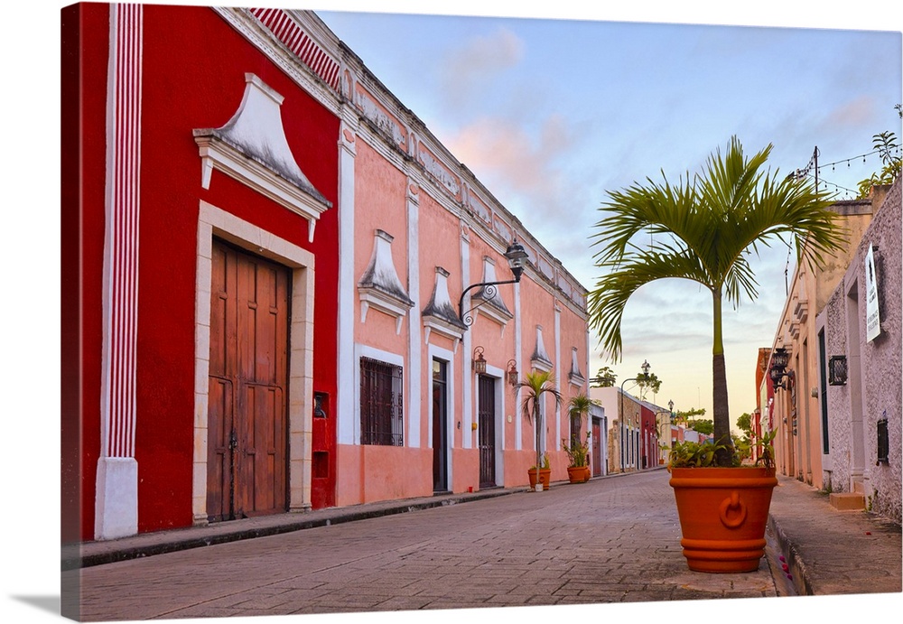 The Calzada de los Frailes street at sunrise, Valladolid, Yucatan, Mexico.