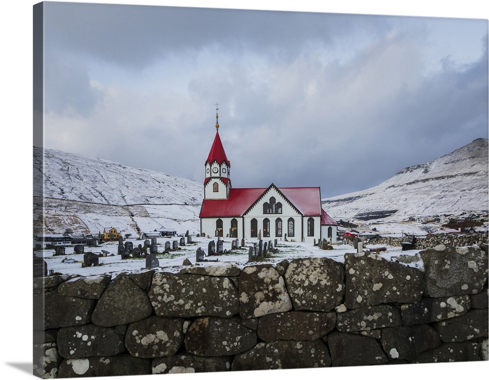 The church in Sandavagur covered by snow, Vagar, Faroe Islands