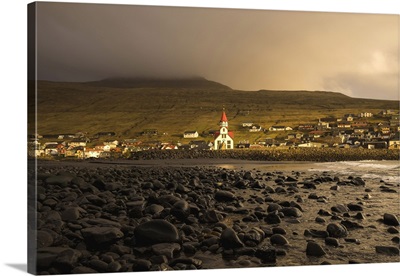 The Church In The Village Of SandavaGur At Sunset, Island Of Vagar, Faroe Islands