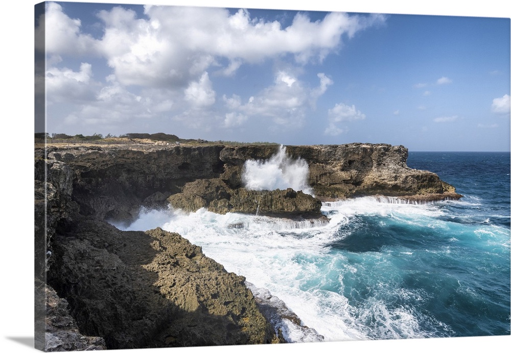 The cliff in front of the big waves of Atlantic Ocean, North Point, Barbados Island, Lesser Antilles, West Indies