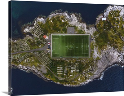 The Football Field Of Henningsvaer And Rocks Of The Coast, Lofoten Islands, Norway