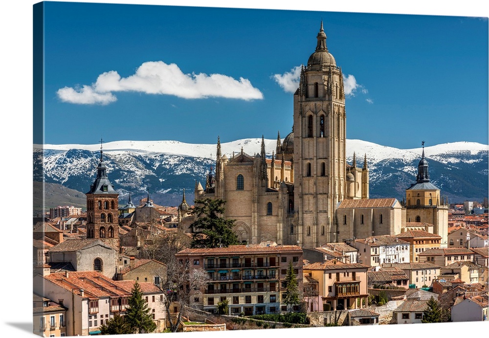 City Skyline With The Gothic Cathedral And The Snowy Mountains Of Sierra De Guadarrama In The Background, Segovia, Castile...