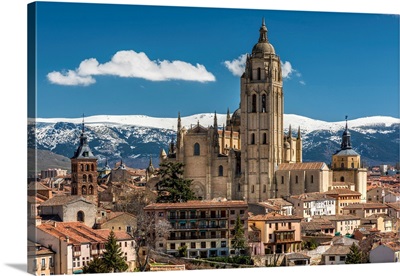 The Gothic Cathedral And Mountains Of Sierra De Guadarrama, Segovia, Spain