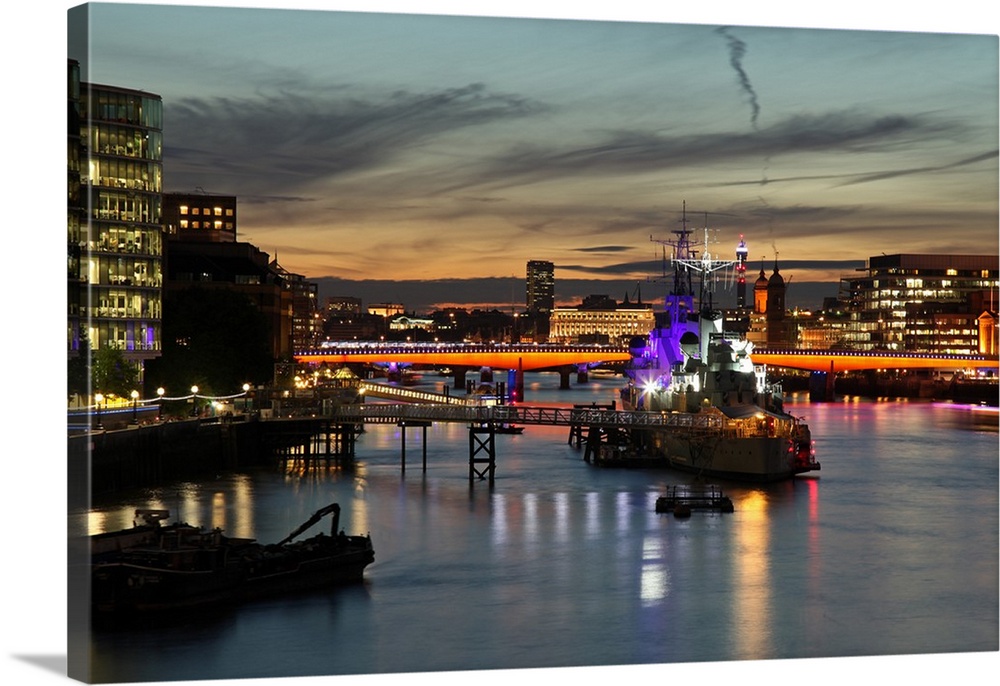 The HMS Belfast in Londo, a former battle ship from World War II, seen from the Tower Bridge.